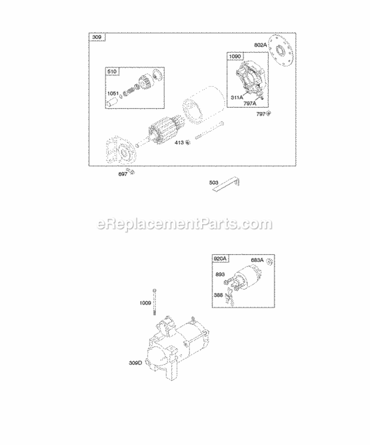 Electric Starter Diagram and Parts List for 295447-0142-E1  Briggs and Stratton Engine